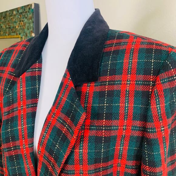Vintage Sag Harbor Size 12 Velvet Collar Plaid Blazer Jacket Christmas Holiday - Picture 3 of 6